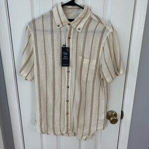 Christian Lacroix Button Down Men's Small Tan Cream Striped Linen Blend Modern